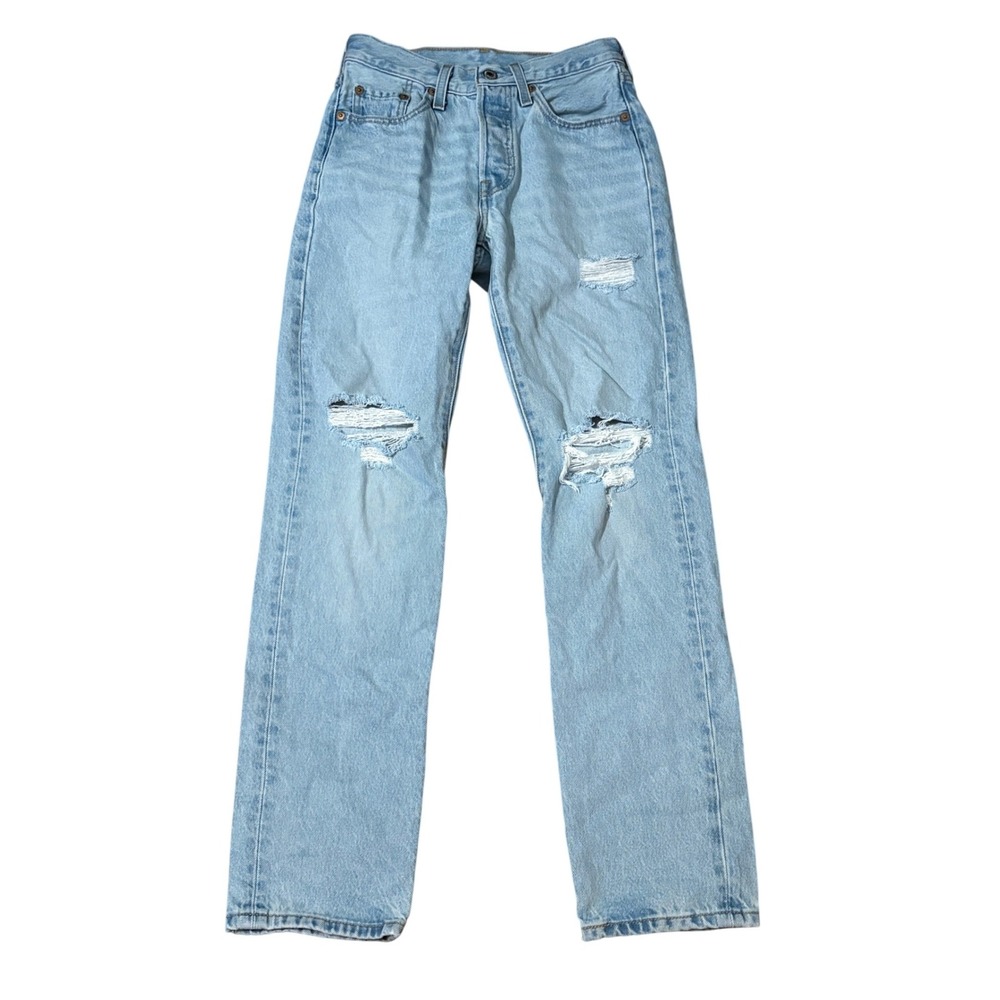Levis Jeans Women 24 Light Blue 501 Original Straight Distressed High Rise Denim